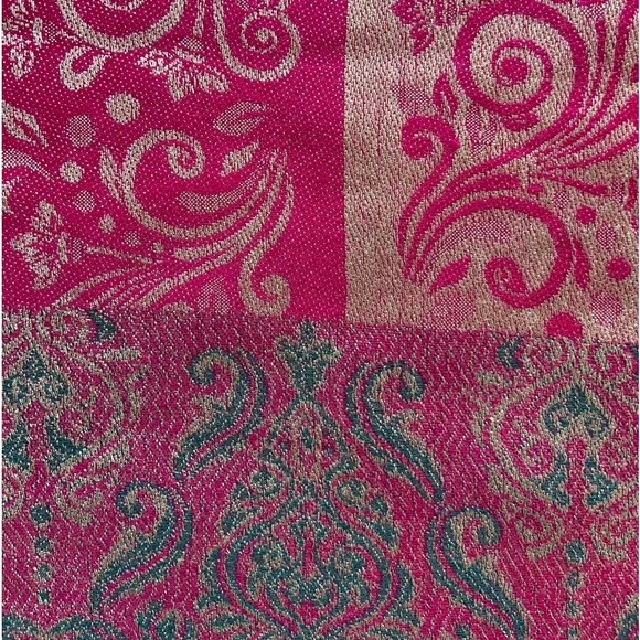 Pashmina Cashmere Scarf Wrap Rich Pink, Cream, Sage w/ Tassels Excellent Vintage - Picture 7 of 14